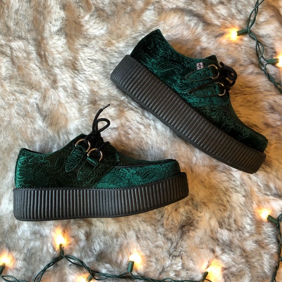 T.U.K Shoes - T.U.K | Emerald Velvet Embossed Mondo Creepers